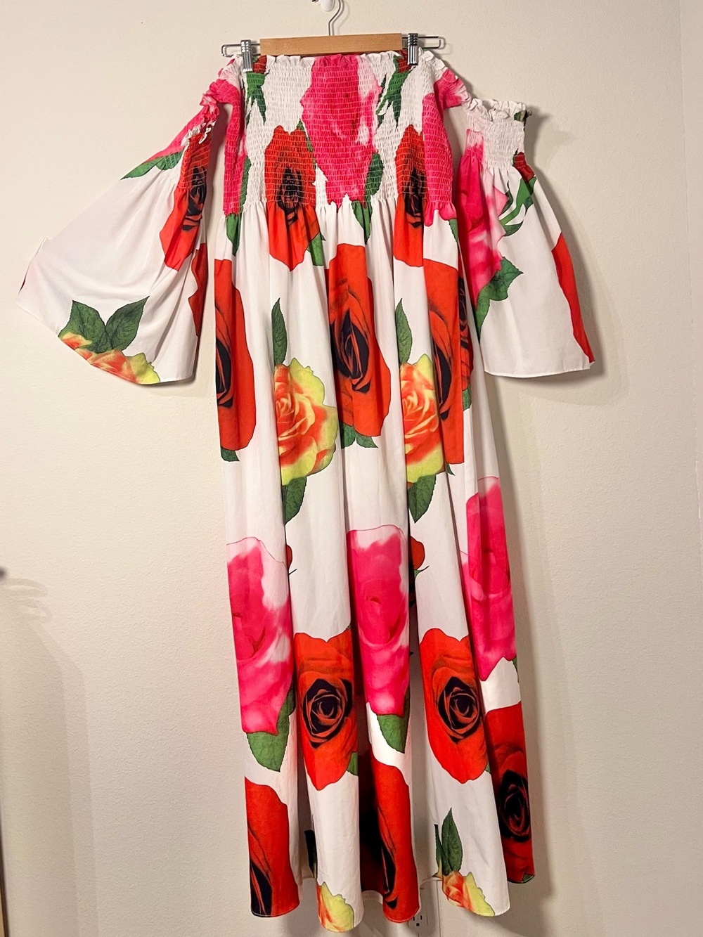 Girls Off-Shoulder Floral Maxi Dress in White with Red & Pink Roses